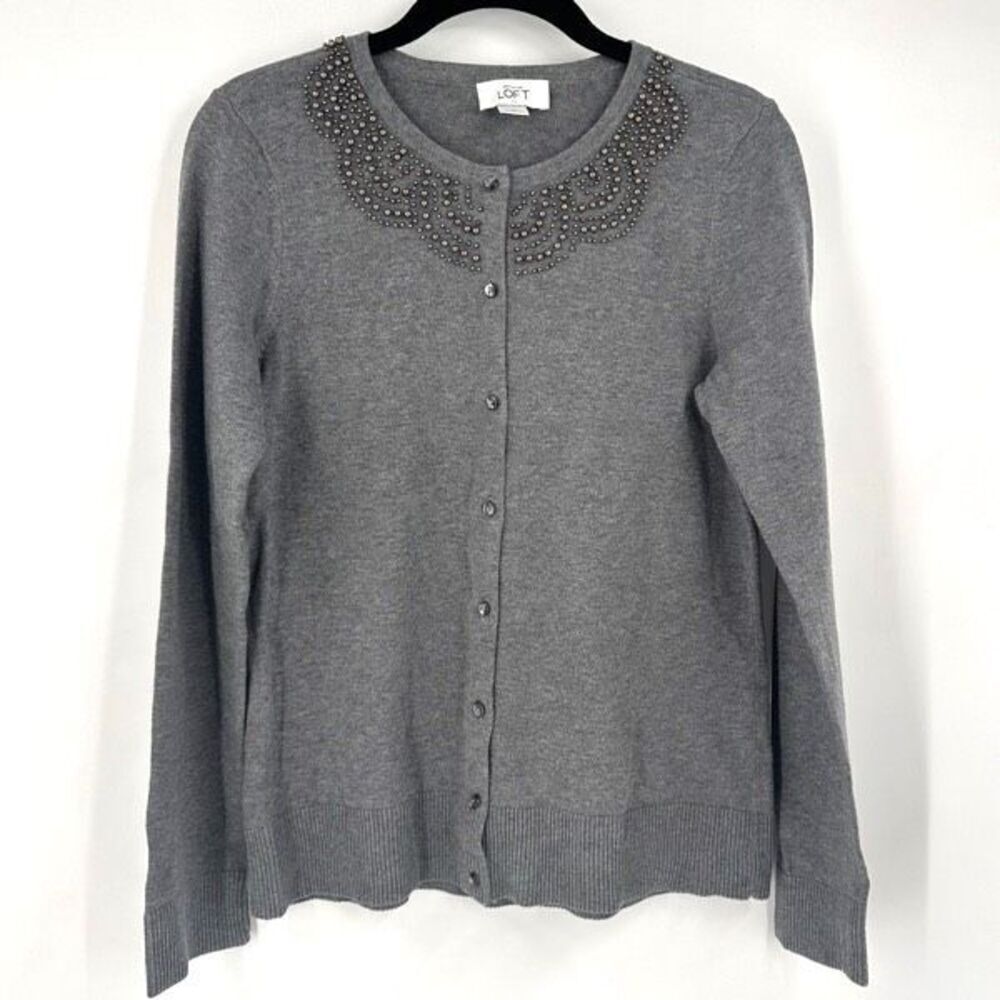 Loft‎ Ann Taylor Women's Beaded Studded Crew Neck Cardigan Sweater Gray Small